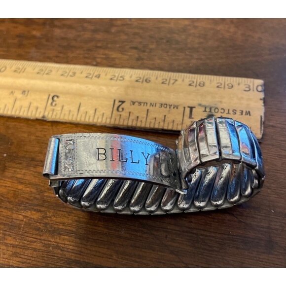 Vintage Silver-Tone Stretch Bracelet Band With Engraved "Billy" Nameplate - Picture 7 of 10